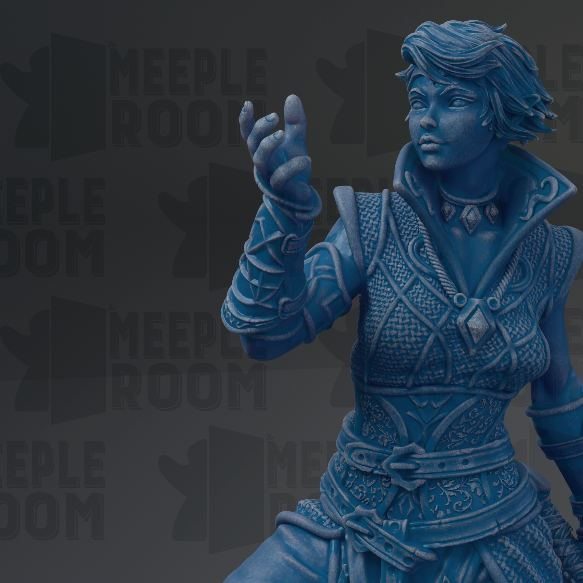 A blue statue of a woman with intricate armor and a flowing robe, holding a weapon in her right hand.
