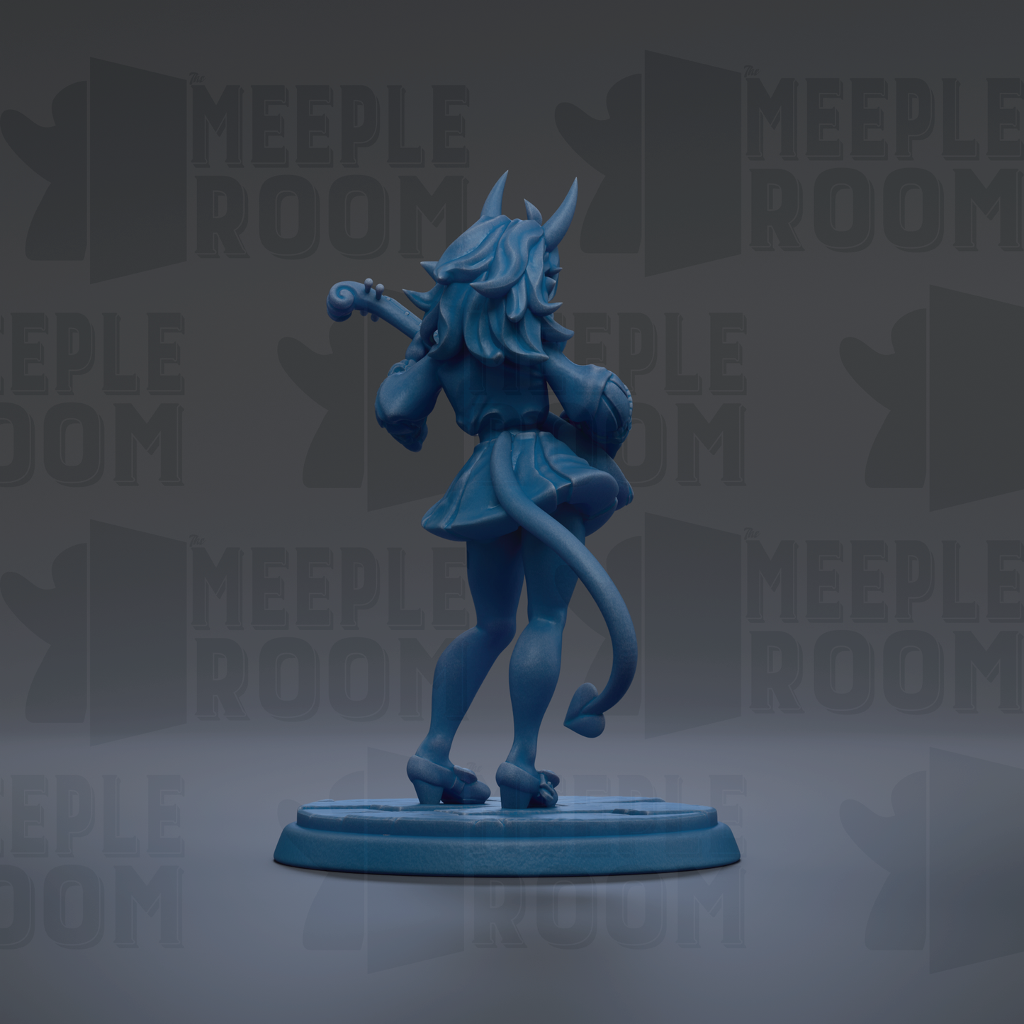 A blue figurine of a person with horns and a tail, standing on a blue base.
