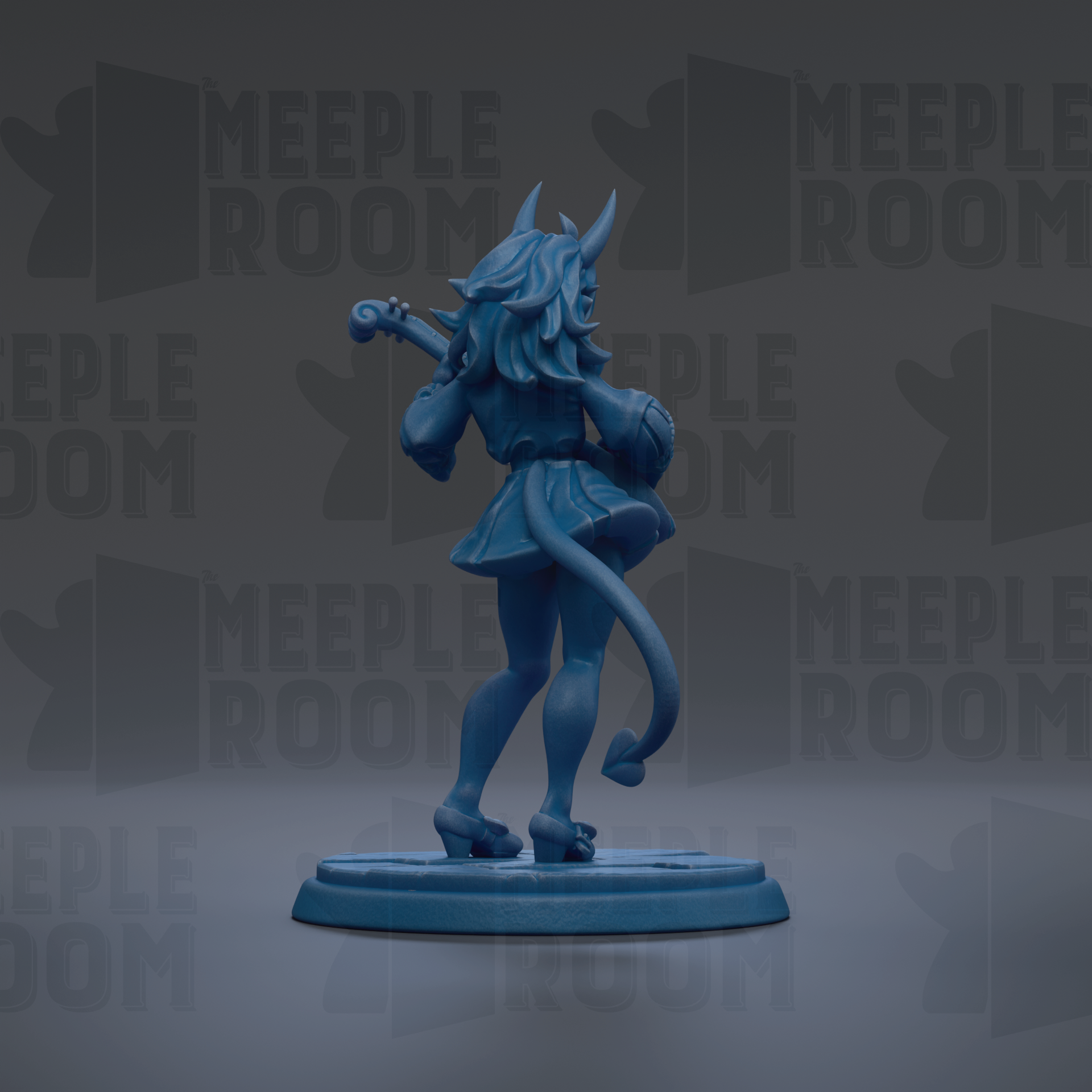 A blue figurine of a person with horns and a tail, standing on a blue base.