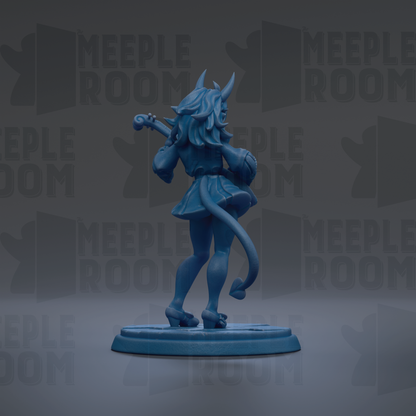 A blue figurine of a person with horns and a tail, standing on a blue base.