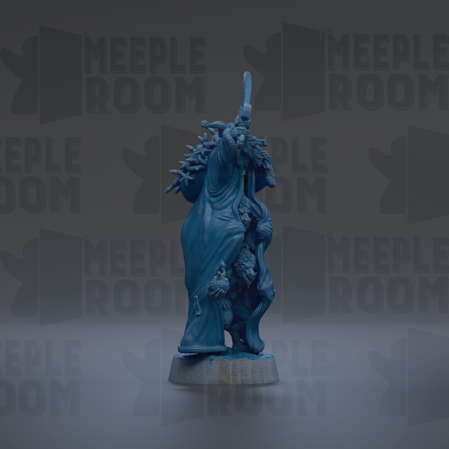 A blue figurine of a person standing on a pedestal against a dark background with repeated text.
