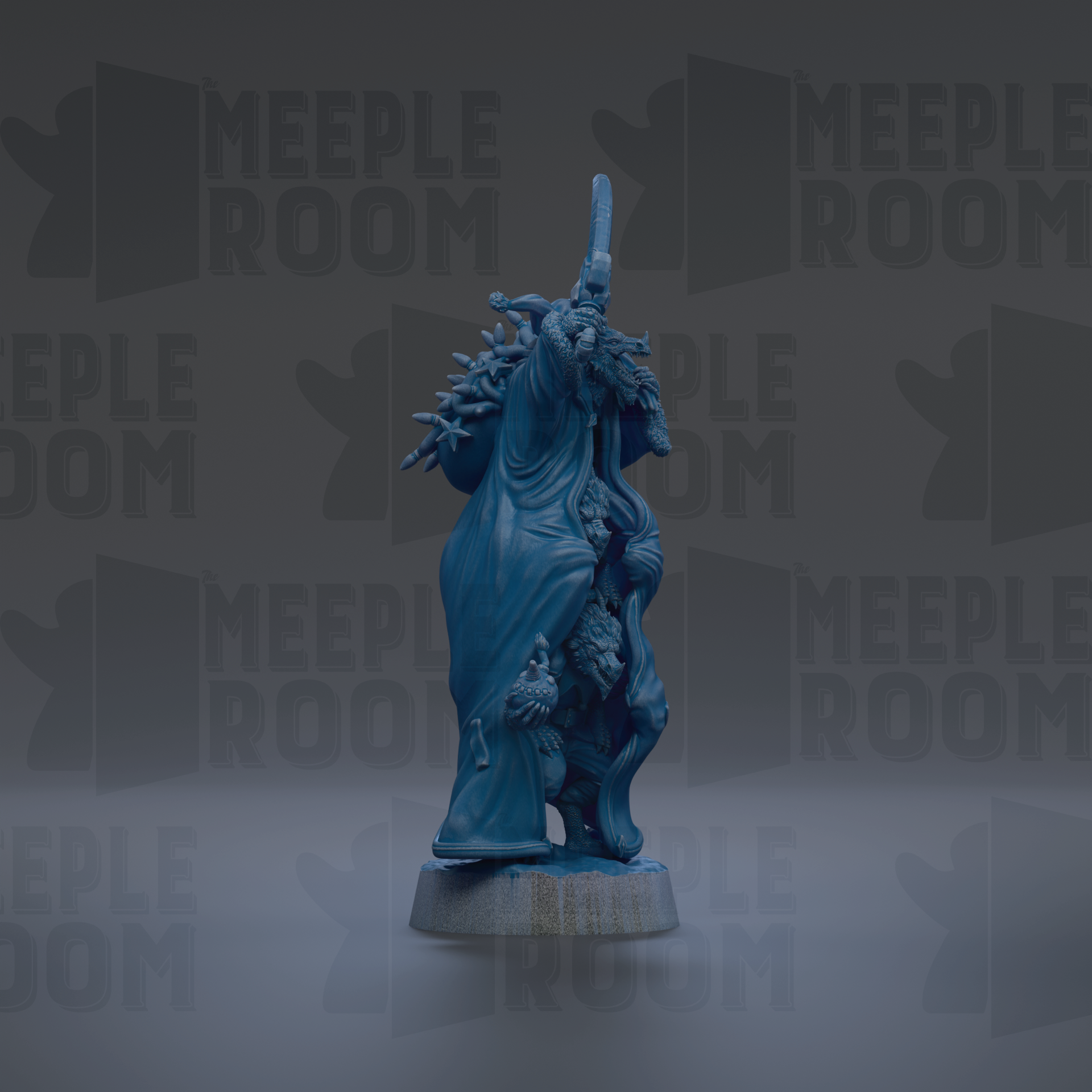 A blue figurine of a person standing on a pedestal against a dark background with repeated text.