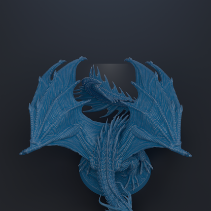 A detailed 3D rendering of a blue dragon with intricate scales and wings, set against a dark background.