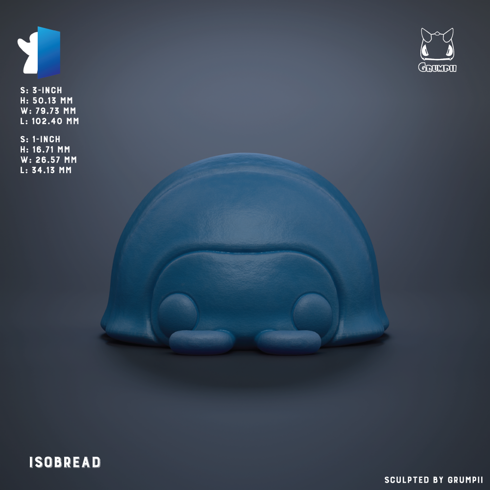 The image is a 3D rendering of a blue toy or figurine, specifically an ISOBREAD.