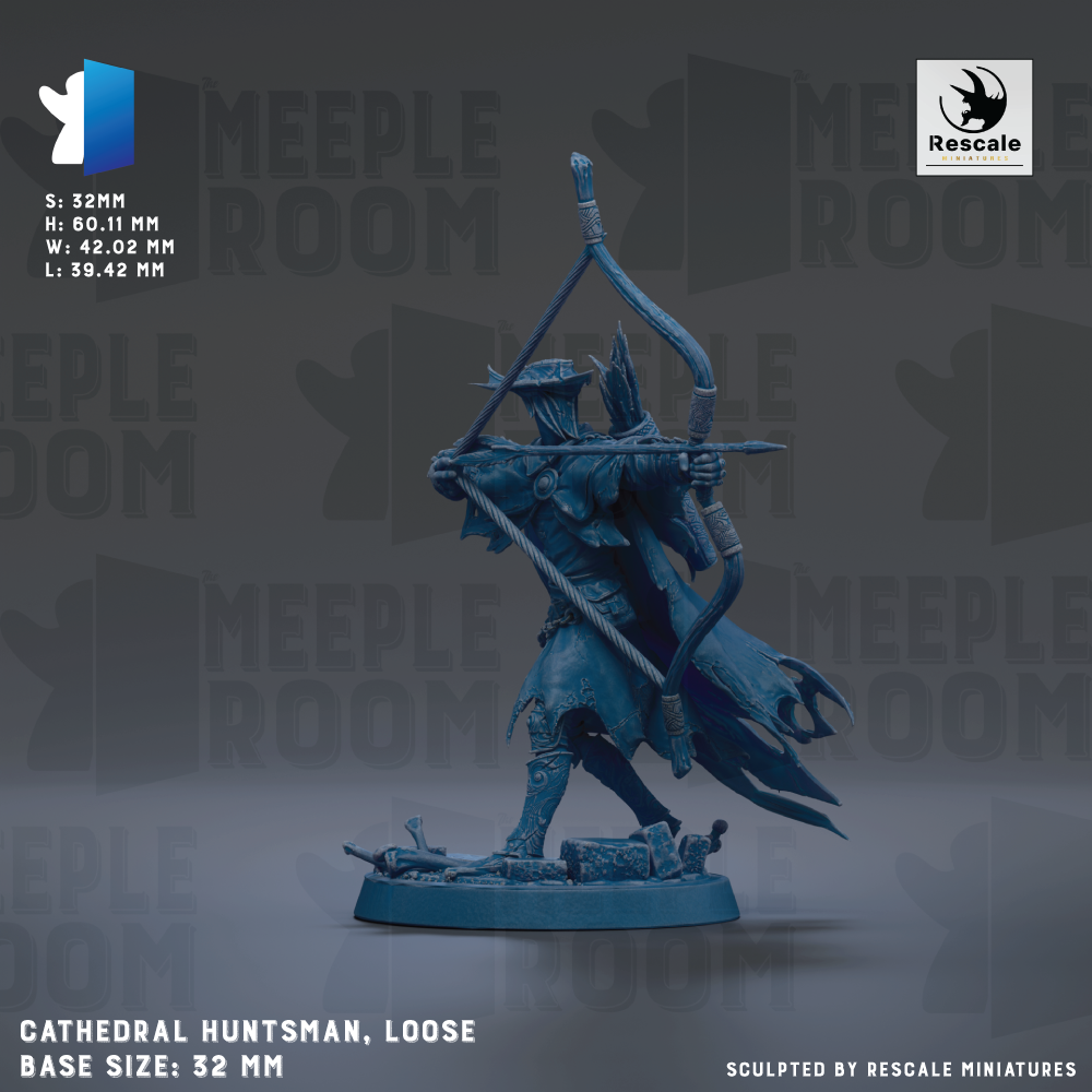 A figurine of a cathedral monk, a loose-fitting blue armor-like figure, holding a bow and arrow. The figurine is standing on a base and appears to be made of a material that resembles metal or plastic. The background of the image is dark, which contrasts with the figurine and makes it stand out. The image does not contain any text, and the focus is on the detailed depiction of the statue.