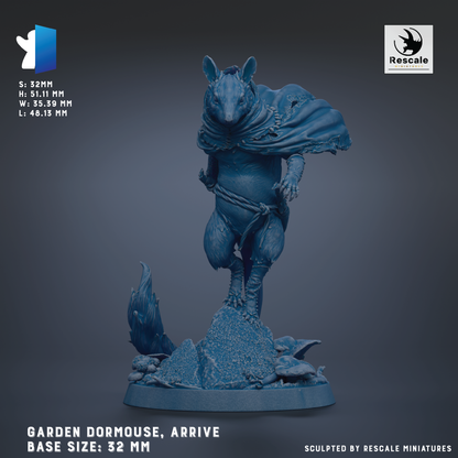 The image is a figurine of a garden dormouse, which is a small, furry creature often associated with gardens and nature. The figurine is standing on a base and appears to be in motion, possibly walking or running. The base size of the figurine is 32 millimeters. The image is a sculpture, and it is created by Rescale miniatures.