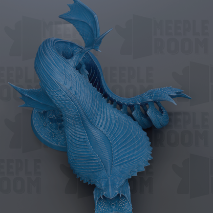 A 3D rendering of a blue, fantastical creature resembling a dragon or serpent, with intricate details and a textured appearance.