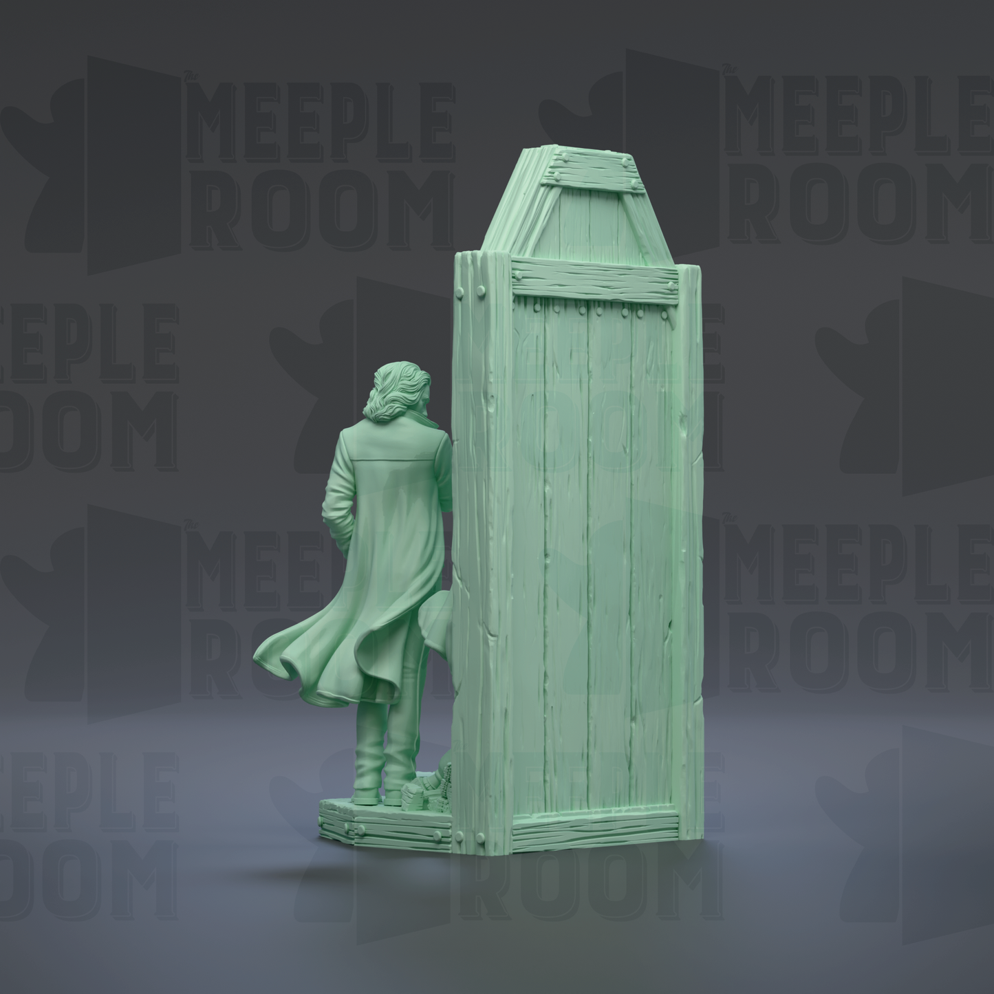 A green statue of a person standing in front of a wooden door, with the word "MEIPLLE ROOM" repeated in the background.
