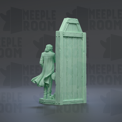 A green statue of a person standing in front of a wooden door, with the word "MEIPLLE ROOM" repeated in the background.