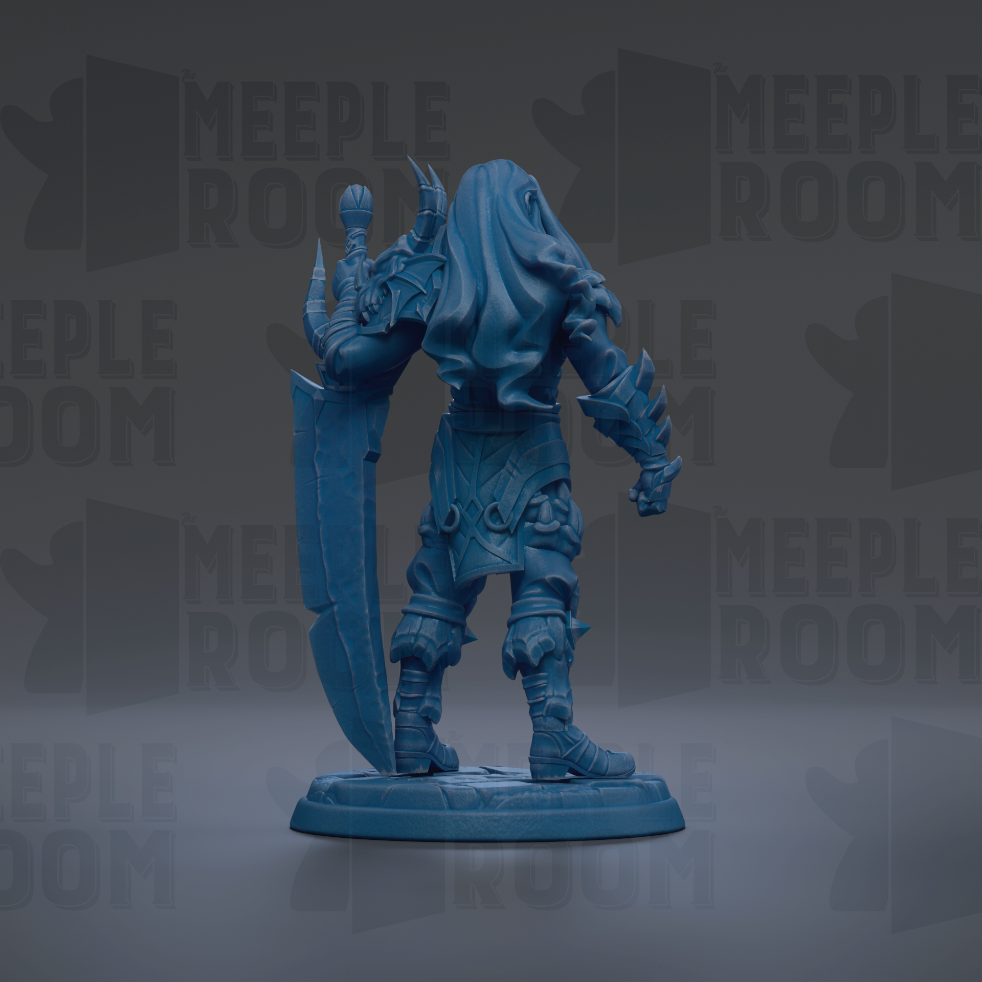 A blue figurine of a warrior standing on a base, holding a sword and shield.