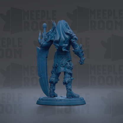 A blue figurine of a warrior standing on a base, holding a sword and shield.