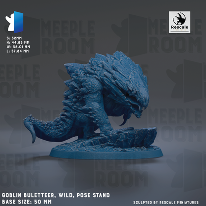 a detailed blue model of a fantastical creature, likely a type of monster or dragon, with a textured, rocky appearance. The creature is posed on a base, and the image is described as a "Goblin Bulleteer, Wild, Pose Stand" with a base size of 50 mm. The image is a collage of multiple images, and the phrase "SCULPTED BY RESCALE MINIATURES" is mentioned at the bottom.