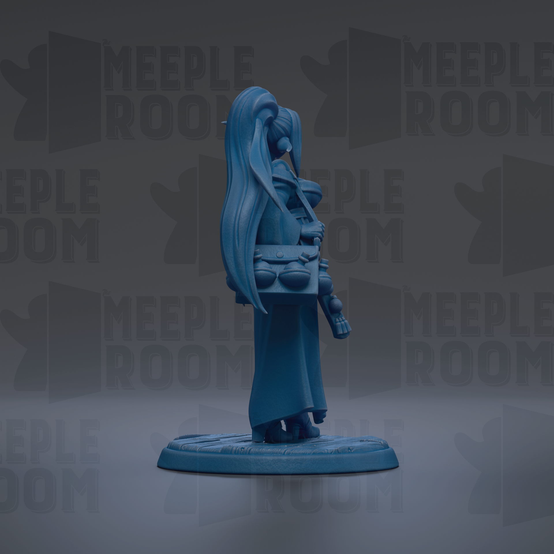 A blue figurine of a person with long hair is standing on a base, holding a bag and a musical instrument.