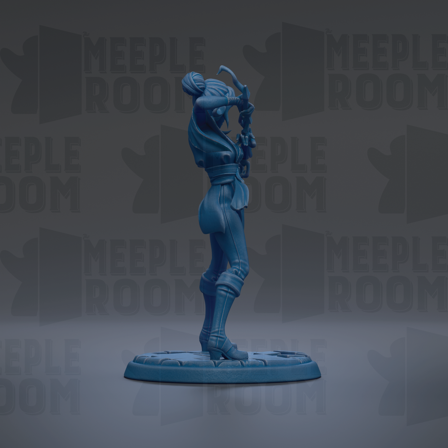 A blue figurine of a person standing on a platform against a dark background with repeated text.