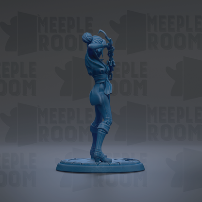 A blue figurine of a person standing on a platform against a dark background with repeated text.