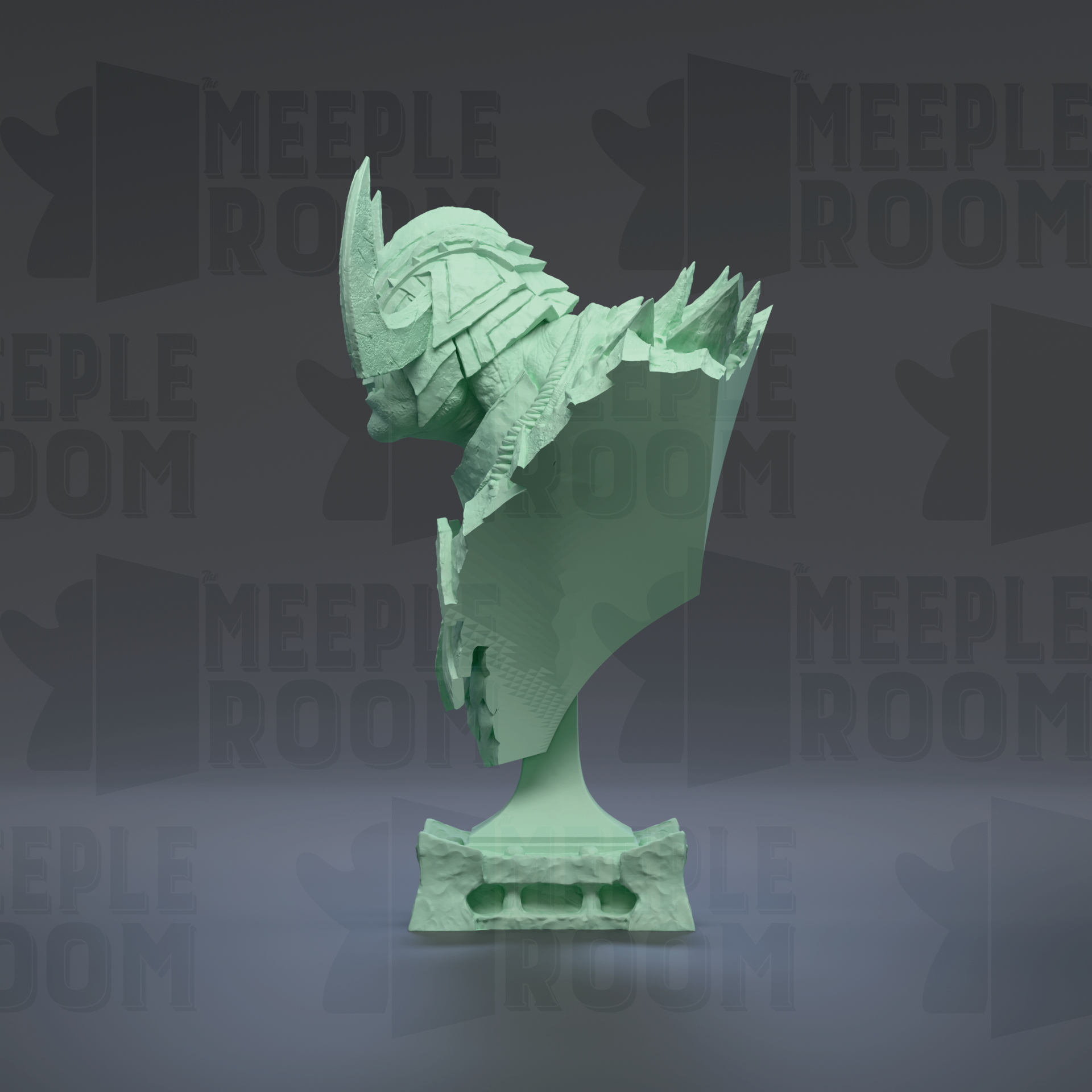 A green, sculpted statue of a dragon-like creature is displayed against a dark background with repeated text.