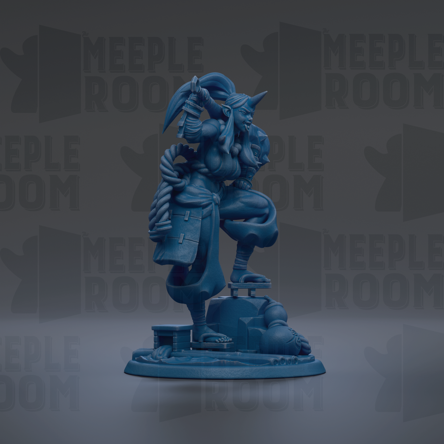 A blue figurine of a person standing on a platform, holding a weapon and wearing a headdress.