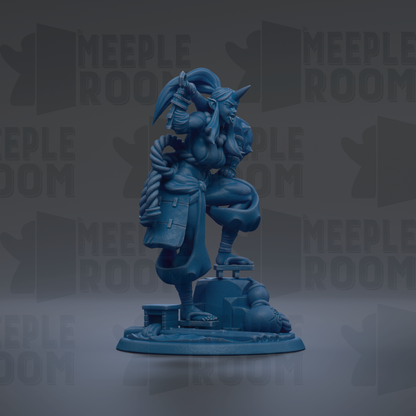 A blue figurine of a person standing on a platform, holding a weapon and wearing a headdress.