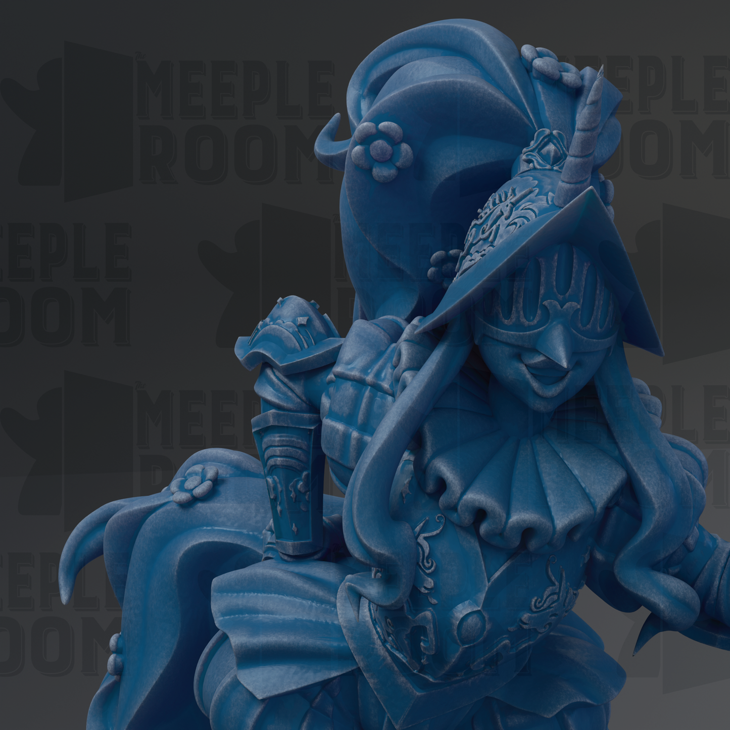 A detailed 3D rendering of a blue armored figure, possibly a knight or warrior, with intricate armor and decorative elements.