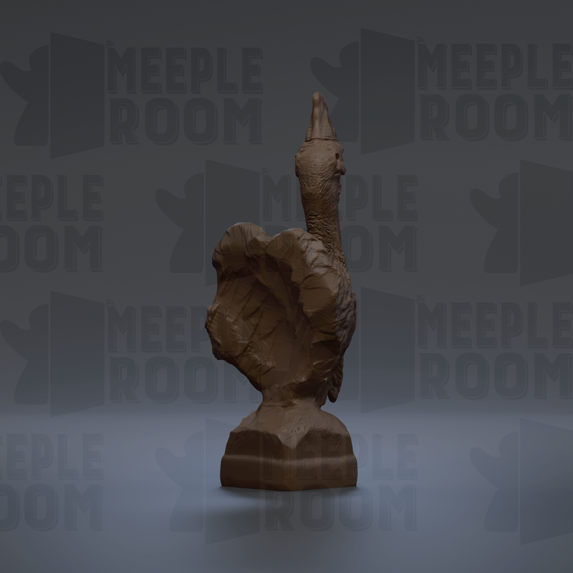 A brown ceramic sculpture of a turkey is displayed against a gray background with repeated "MEIPLE ROOM" text.
