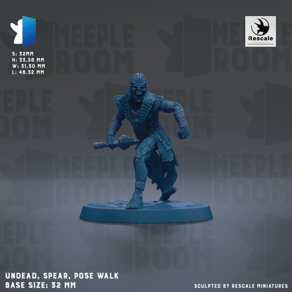 a figurine of a warrior character, specifically a Meeple Room character, posed in a dynamic walking stance. The figurine is shown in a dynamic pose, with the warrior wielding a spear and walking on a base. The base size of the figurine is 32mm. The image is a sculpture of a warrior character, and it is not a collage of multiple images. The phrase "UNDEAD, SPEAR, POSE WALK" is also present in the image.