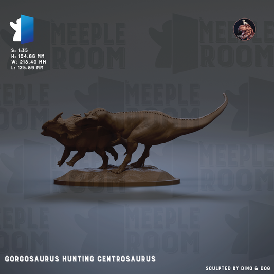The image is a 3D rendering of a Gorgosaurus hunting Centrosaurus, a dinosaur species, displayed on a base. The image is a collage of various images, and it is described as a sculpture by a person and a dog.