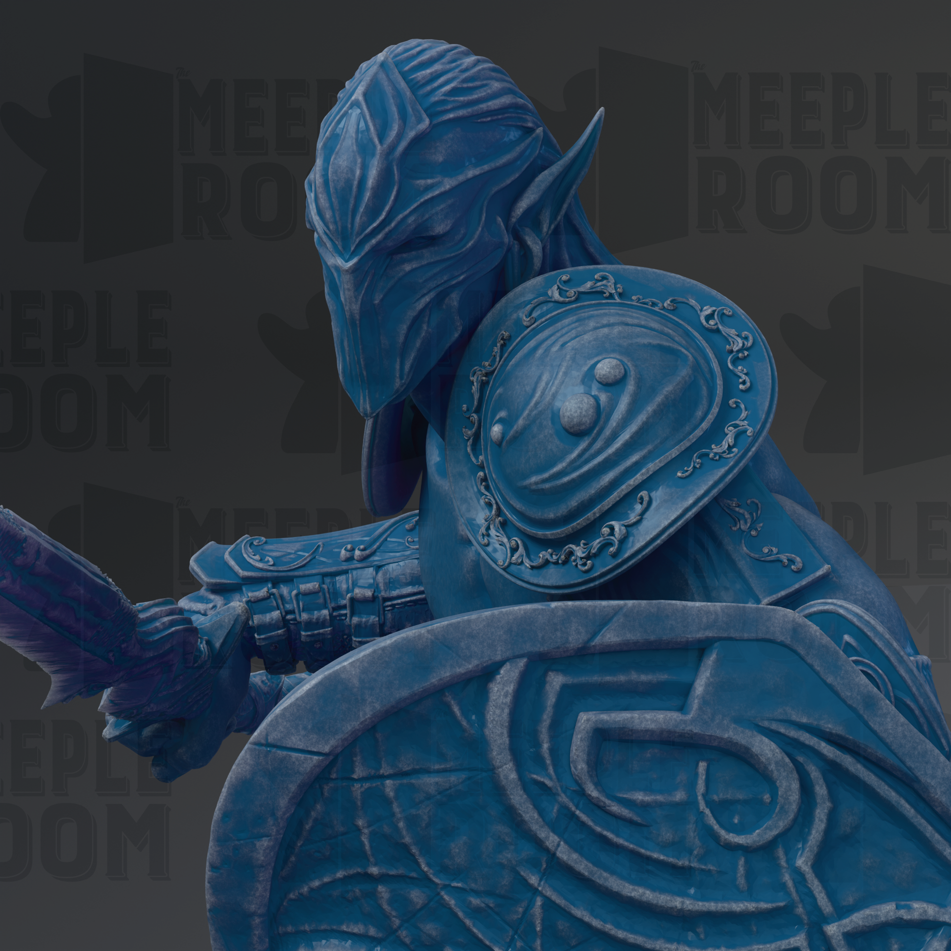 A detailed 3D rendering of a blue armored figure, possibly a warrior or knight, with intricate designs and patterns on the armor.