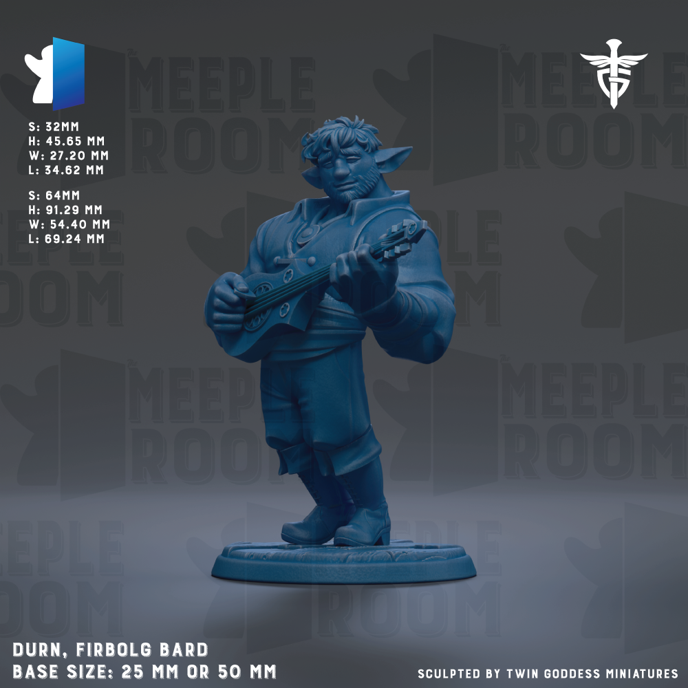 The image is a figurine of a character named Durn, who is a warrior from the video game Meeple Room. The figurine is depicted playing a guitar, and it is shown in a blue color. The figurine is described as having a base size of 25 mm or 50 mm. It is sculpted by Twin Goddess Miniatures.