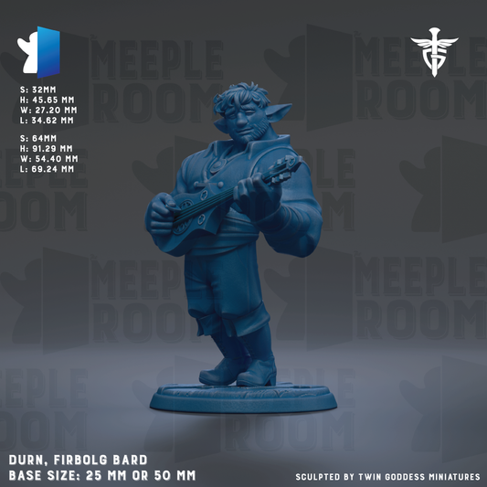 The image is a figurine of a character named Durn, who is a warrior from the video game Meeple Room. The figurine is depicted playing a guitar, and it is shown in a blue color. The figurine is described as having a base size of 25 mm or 50 mm. It is sculpted by Twin Goddess Miniatures.