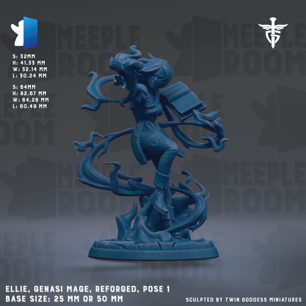 The image is a detailed 3D model of a character, specifically a female figure, with a blue color scheme. The character appears to be a woman with flowing hair and is depicted in a dynamic pose, holding a book in her hand. The image is labeled with the character's name, base size, and the sculptor's name, indicating that it is a professionally crafted piece.