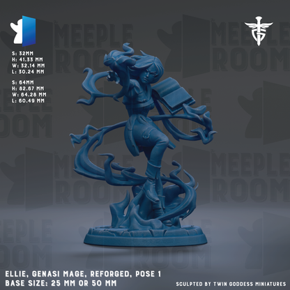 The image is a detailed 3D model of a character, specifically a female figure, with a blue color scheme. The character appears to be a woman with flowing hair and is depicted in a dynamic pose, holding a book in her hand. The image is labeled with the character's name, base size, and the sculptor's name, indicating that it is a professionally crafted piece.