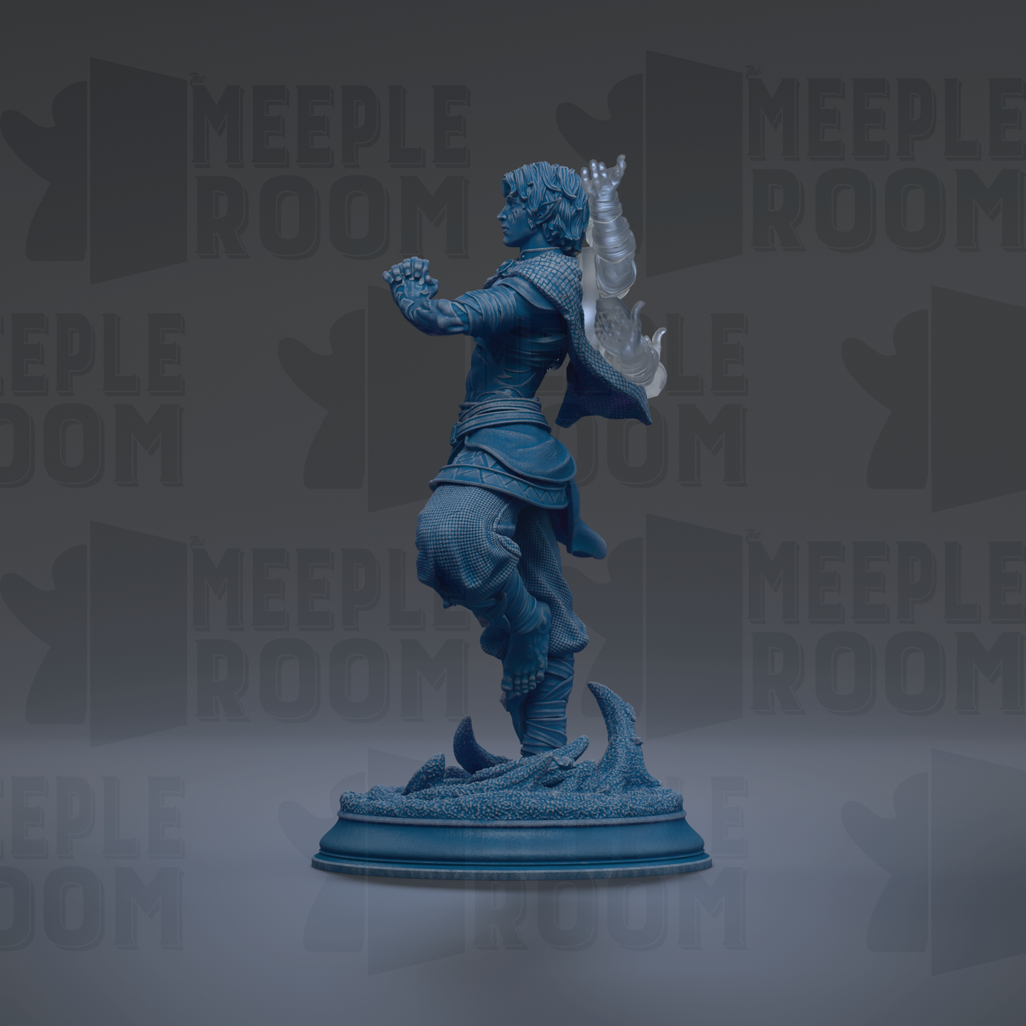 A blue statue of a person standing on a pedestal, with the word "MEIPLLE ROOM" repeated in the background.