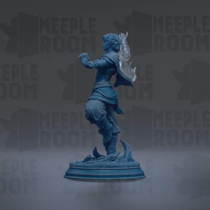 A blue statue of a person standing on a pedestal, with the word "MEIPLLE ROOM" repeated in the background.