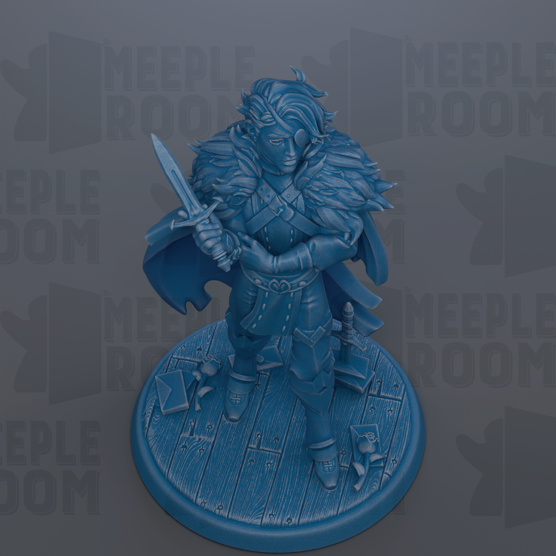 A blue figurine of a warrior figure holding a sword and shield, standing on a wooden base.