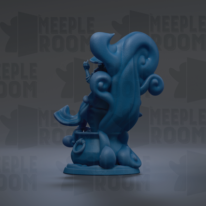 A blue figurine of a person sitting on a pot, with the word "MEUPLE ROOM" repeated in the background.
