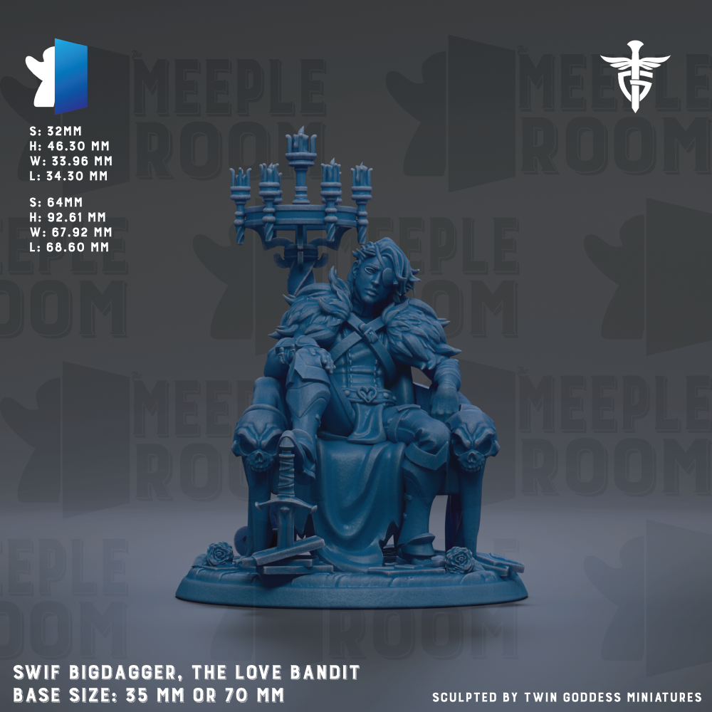 The image is a 3D model of a figurine of a person sitting on a throne, holding a sword and a shield. The figurine is blue in color and appears to be made of a material that resembles metal. The figurine is described as "SWIF BIGDAGGER, THE LOVE BANDIT" and is shown in a base size of 35 mm or 70 mm. The background of the image is a dark gray color, and there is text that reads "MEIPLE ROOM" repeated multiple times throughout the image.