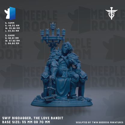 The image is a 3D model of a figurine of a person sitting on a throne, holding a sword and a shield. The figurine is blue in color and appears to be made of a material that resembles metal. The figurine is described as "SWIF BIGDAGGER, THE LOVE BANDIT" and is shown in a base size of 35 mm or 70 mm. The background of the image is a dark gray color, and there is text that reads "MEIPLE ROOM" repeated multiple times throughout the image.