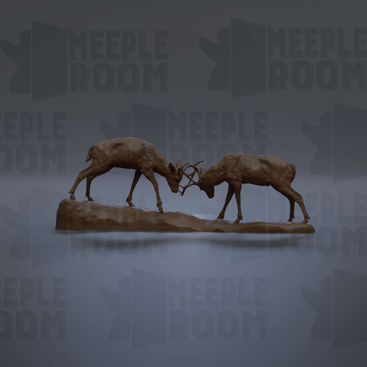 A bronze statue of two deer engaged in a fight, with their antlers clashing against each other.
