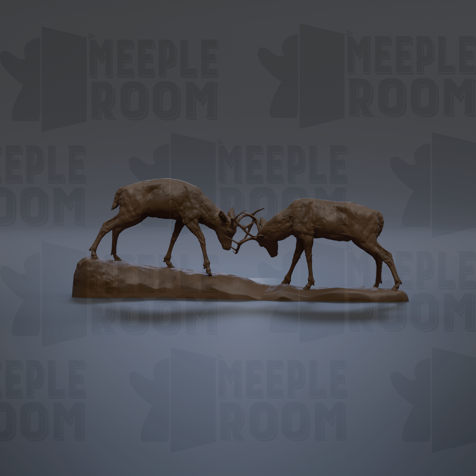A bronze statue of two deer engaged in a fight, with their antlers clashing against each other.