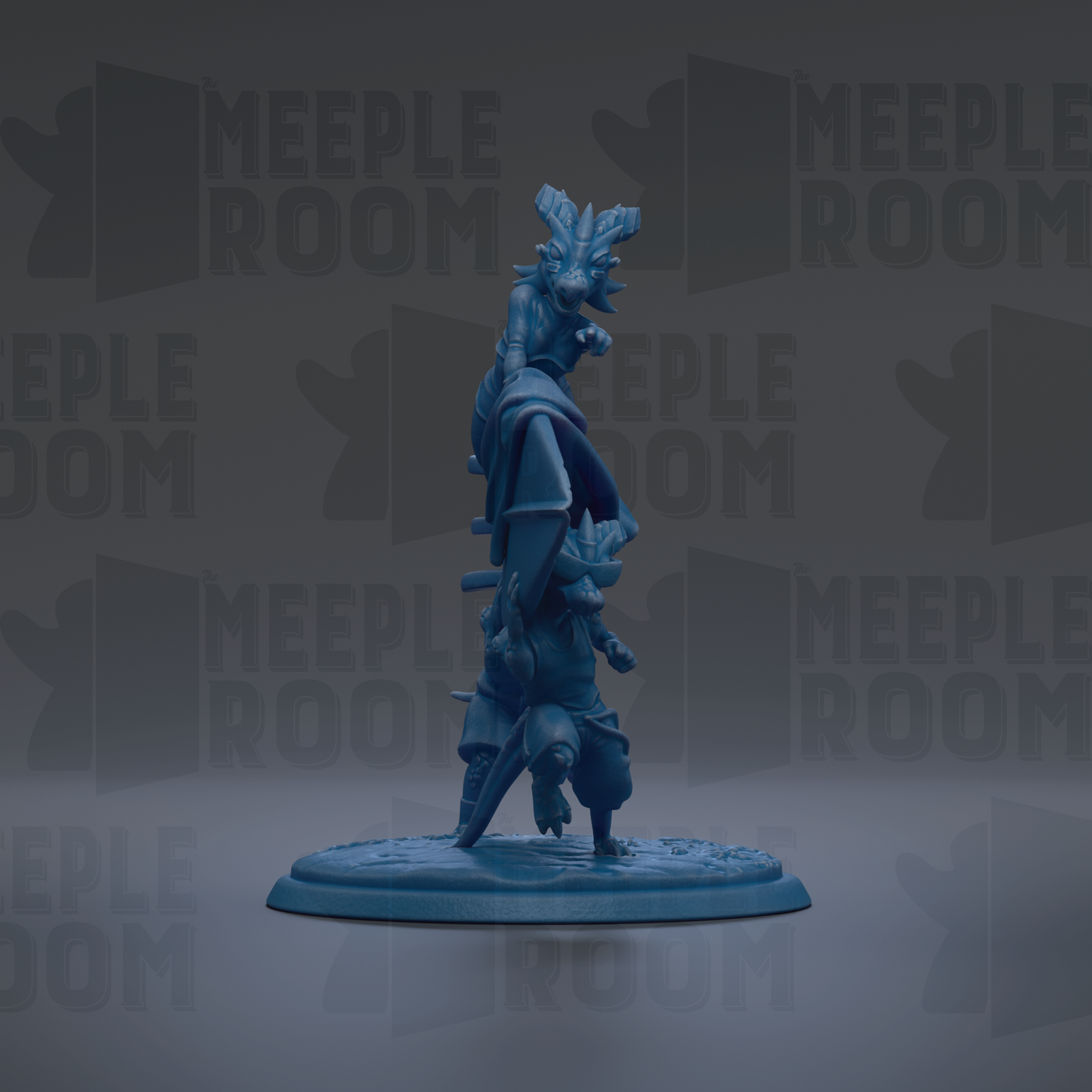 A blue figurine of a dragon-like creature standing on a platform against a dark background with repeated text.
