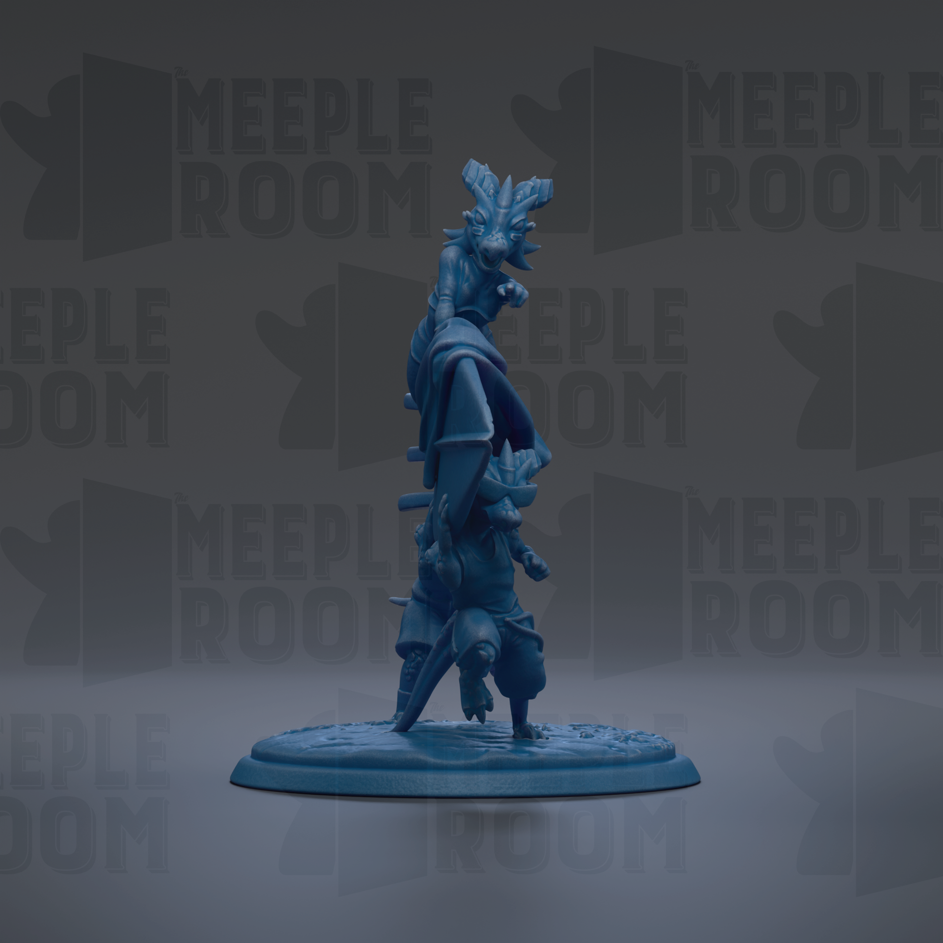 A blue figurine of a dragon-like creature standing on a platform against a dark background with repeated text.