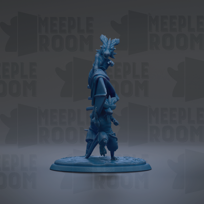 A blue figurine of a dragon-like creature standing on a platform against a dark background with repeated text.