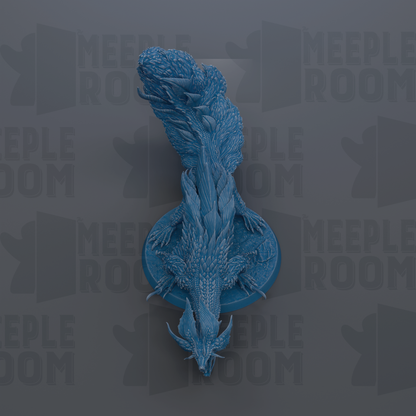 A blue, fantastical creature resembling a dragon or serpent is prominently displayed against a dark background with repeated text.