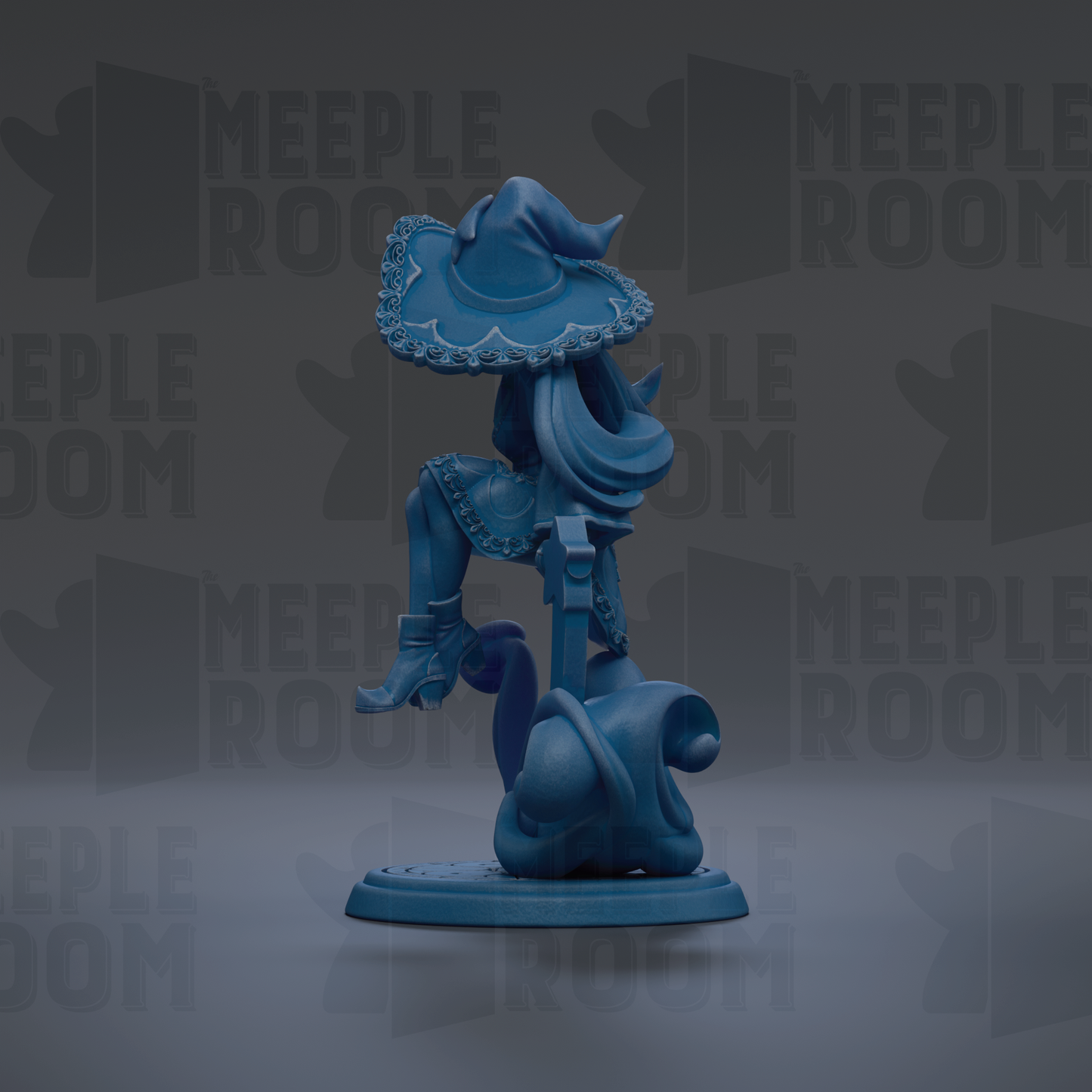 A blue figurine of a person wearing a hat and holding a staff, standing on a platform.