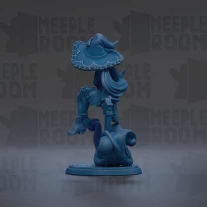 A blue figurine of a person wearing a hat and holding a staff, standing on a platform.