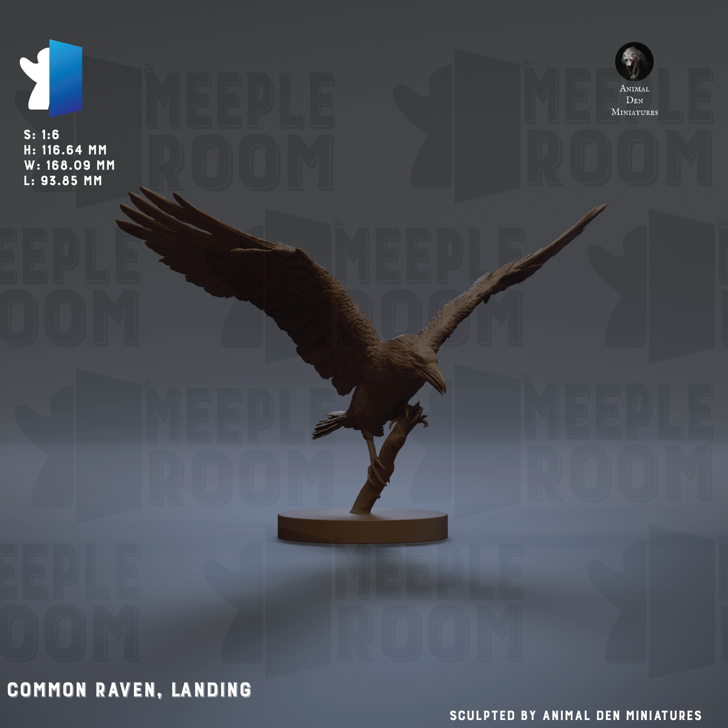 The image is a 3D rendering of a Common Raven statue, a landing, and it is displayed against a gray background.