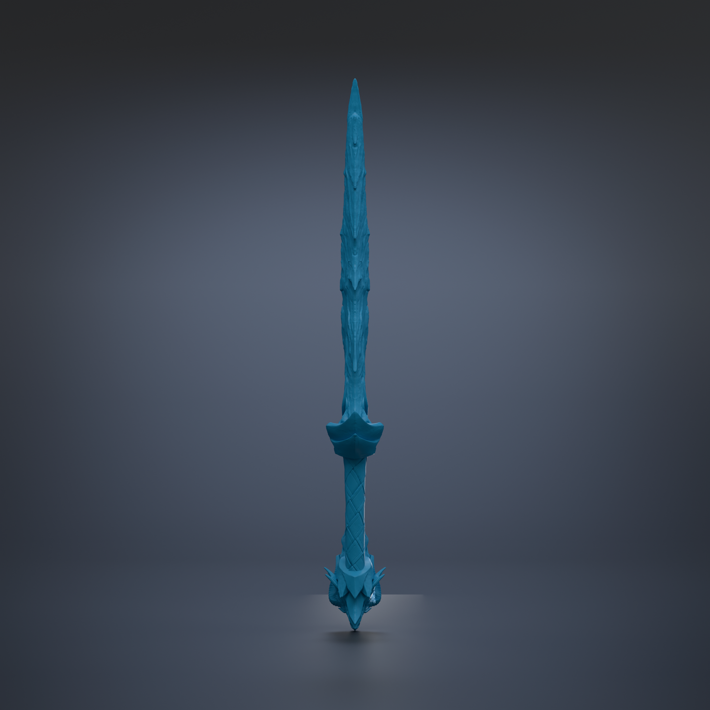 A blue, ornate sword with a pointed blade and intricate designs on the handle is shown against a dark background.