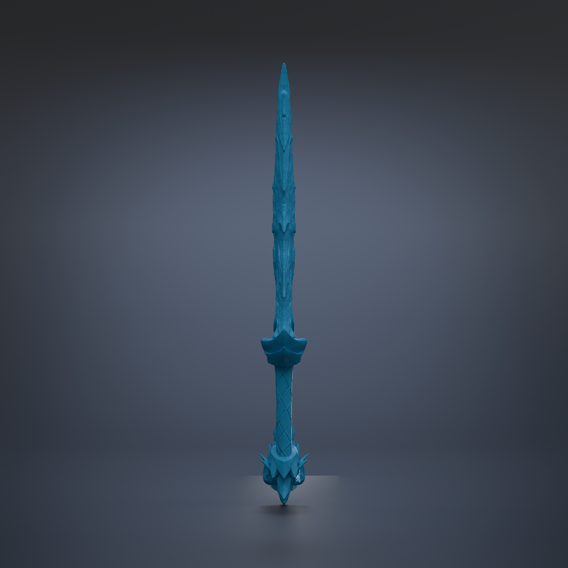 A blue, ornate sword with a pointed blade and intricate designs on the handle is shown against a dark background.