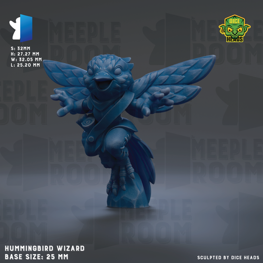 a blue hummingbird-like creature with wings and a head, standing on a rock. The creature appears to be a sculpture or figurine, and the image is described as a "MEUPLE ROOM" and "MEUPLE ROOM" with a "MEUPLE ROOM" logo. The base size of the sculpture is 25mm.