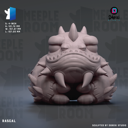 A 3D rendering of a large, spiky creature with sharp teeth, resembling a monster or a dragon-like creature. The creature is sitting on its hind legs, facing the camera. The background is a dark gray color, and there are repeated texts and logos throughout the image.